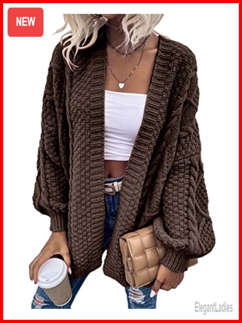 Oversized Cable Knit Long Sleeve Lantern Cardigan Sweater